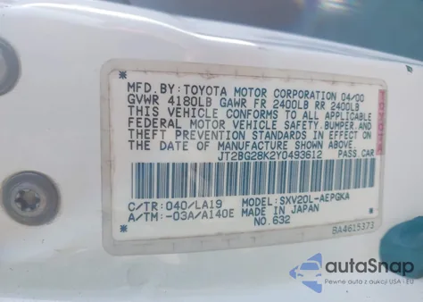 2000 Toyota Camry Xle z USA, uszkodzony, nr VIN JT2BG28K2Y0493612